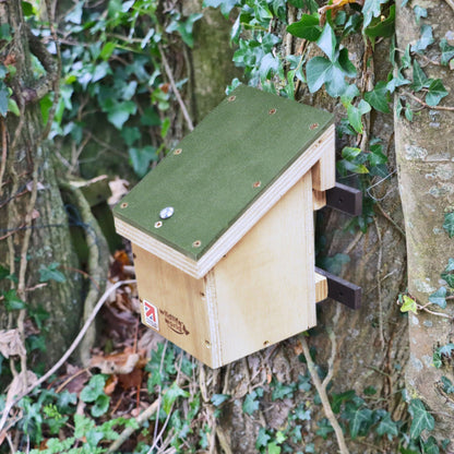 Wooden dormouse drey with green roof attached to a tree